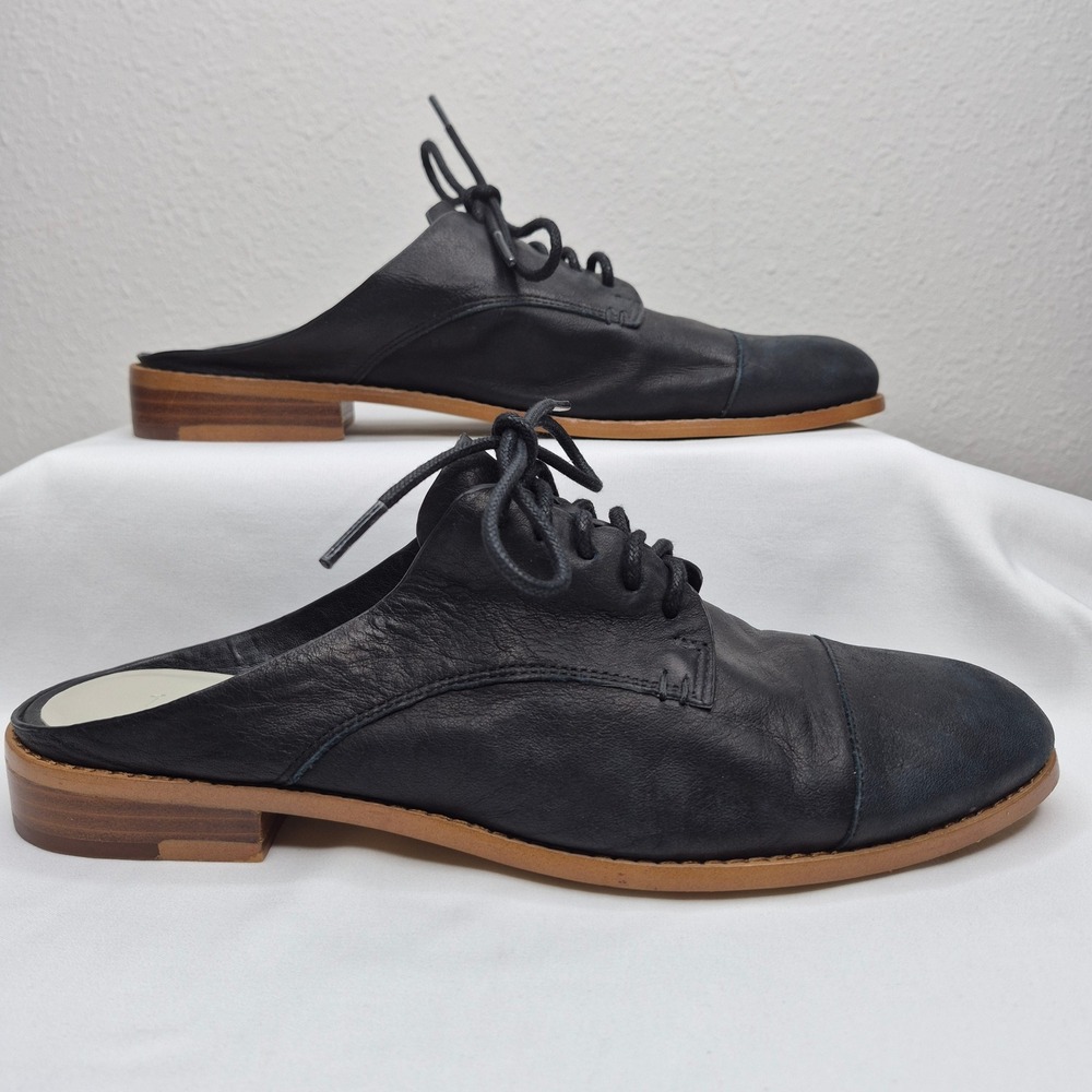 1.STATE Black Leather Lace Up Cap Toe Mules Oxford Slides 9.5 FEA Preppy Classic